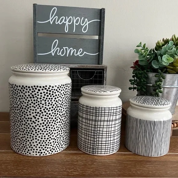 New Thyme & Table 3-Piece Boho Geo Stoneware Canister Set Dots & Gridlines